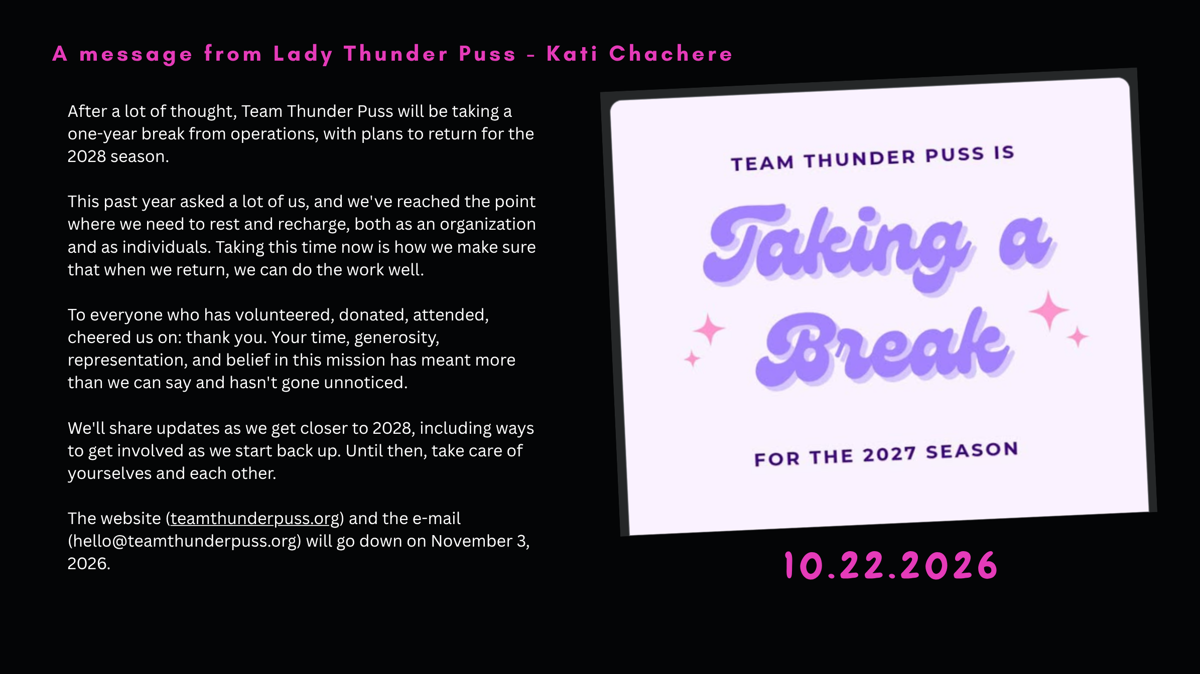 A charity message from Lady Thunder Puss, emphasizing a taking a break for the 2027 season, with the date October 22, 2026, displayed at the bottom.