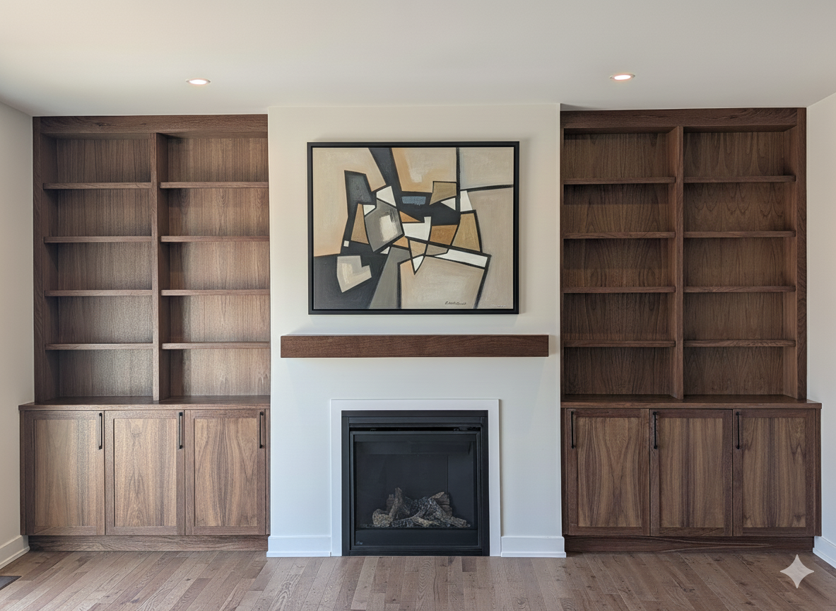 Living room with built-in wooden bookshelves on either side of a fireplace, an abstract painting above the fireplace, and hardwood flooring.