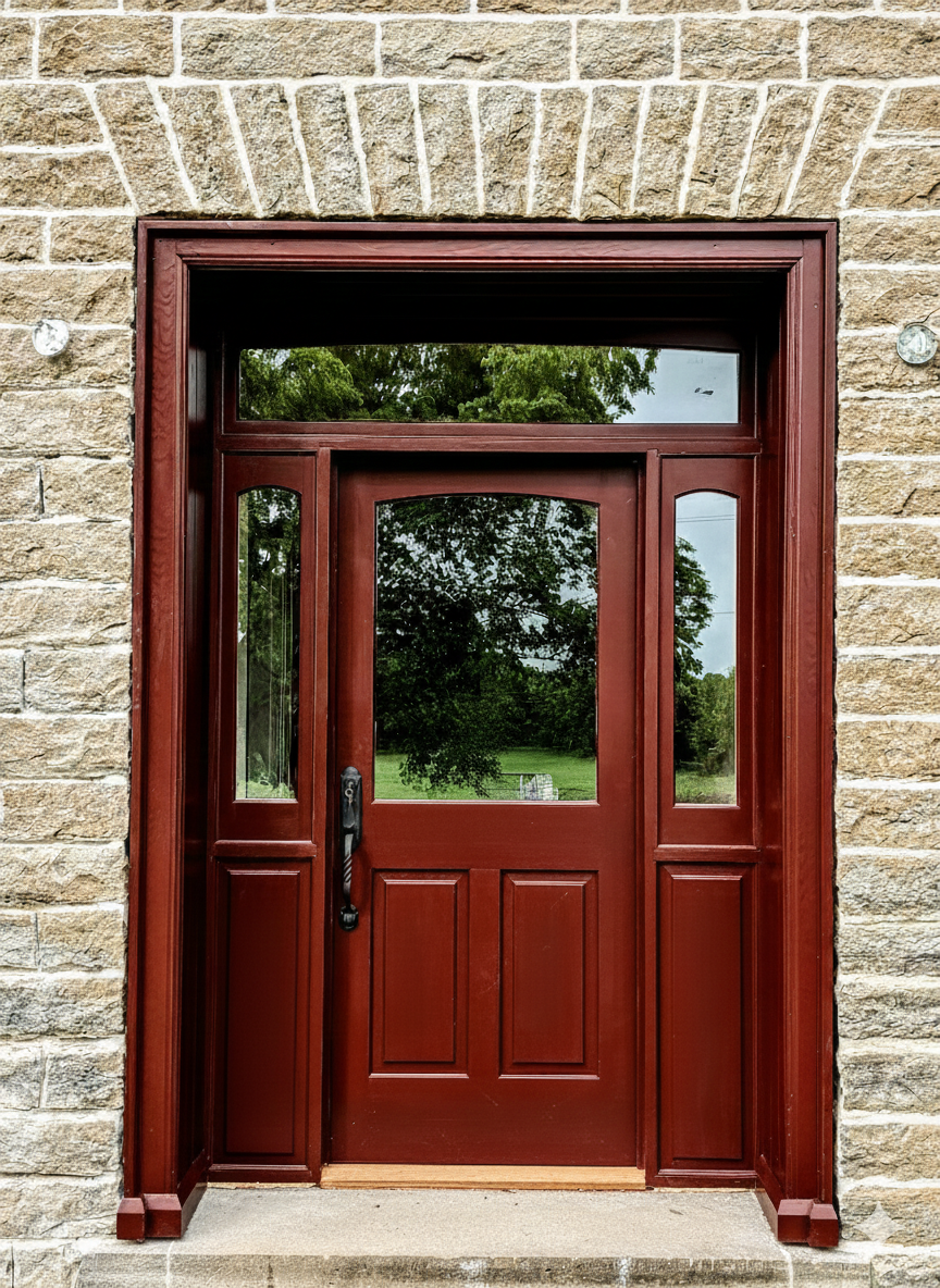 A wooden front door with glass panels, surrounded by a brick wall, with a view of green trees and a lawn outside.