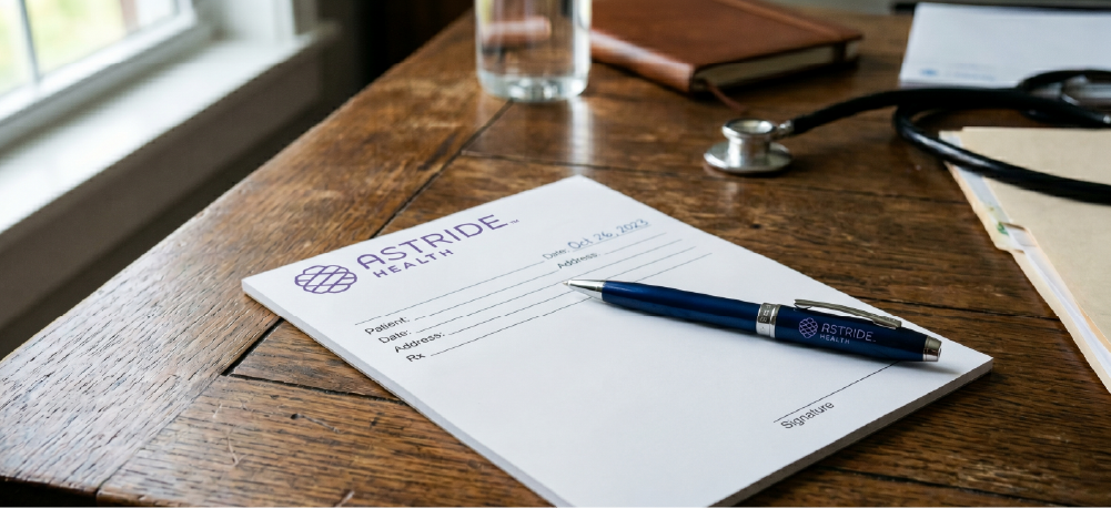 A medical prescription pad with the logo 'Astride Health,' a pen, a stethoscope, a glass of water, and a closed notebook on a wooden desk.