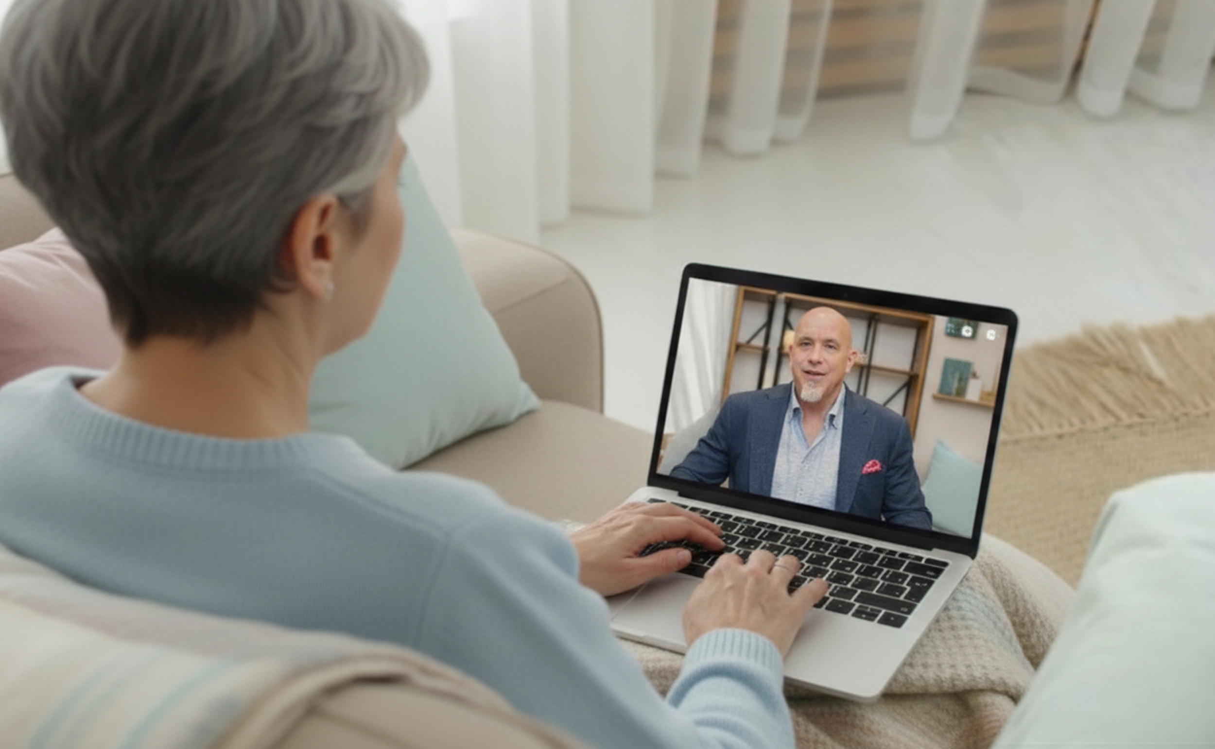 An older adult meeting with a care professional through a video call on a laptop at home.