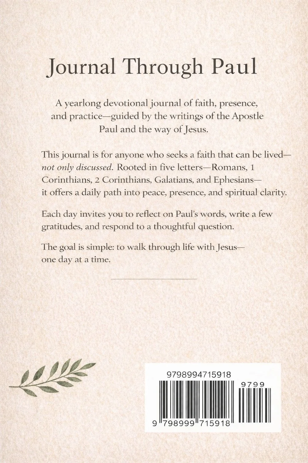Back cover of a devotional journal titled 'Journal Through Paul' with a description of its purpose and structure, a small illustration of a leaf, and a barcode at the bottom.