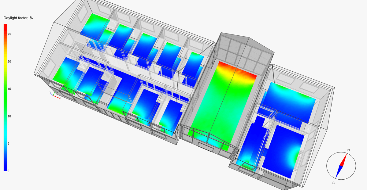 Rappresentazione grafica di un modello architettonico di un edificio con visualizzazioni di fattore di luce diurna in diverse stanze, usando una scala cromatica dal blu al rosso.