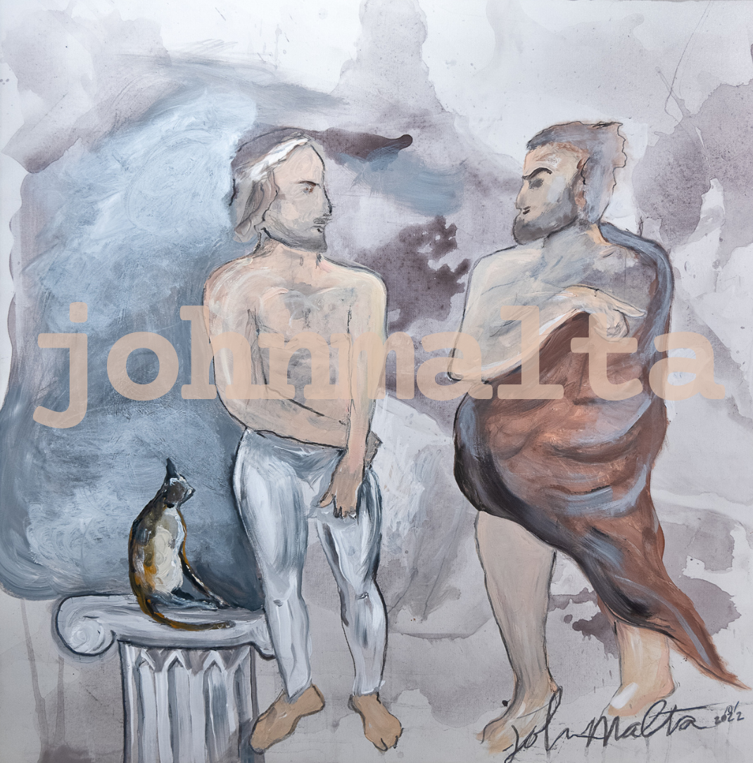 debating with the cat present: 32x30 acrylic on canvas