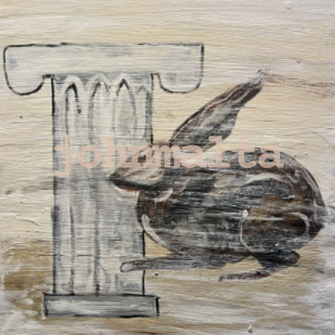 rabbit and column encaustic on cavas wooden box 24x24x6