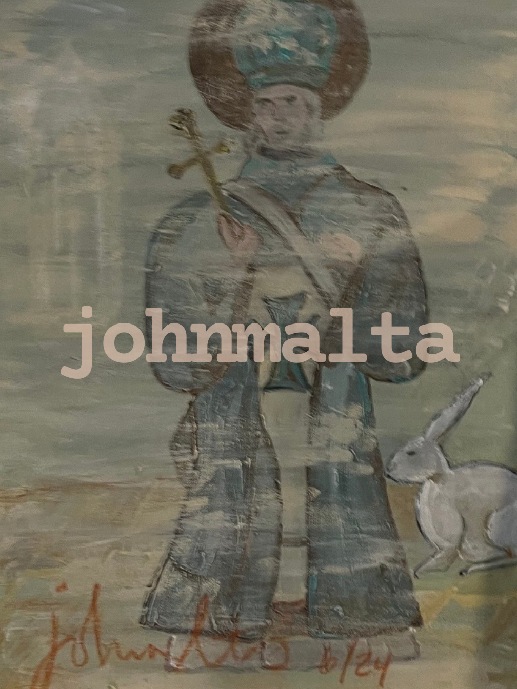 cleric and rabbit: 16x20 encaustic on canvas