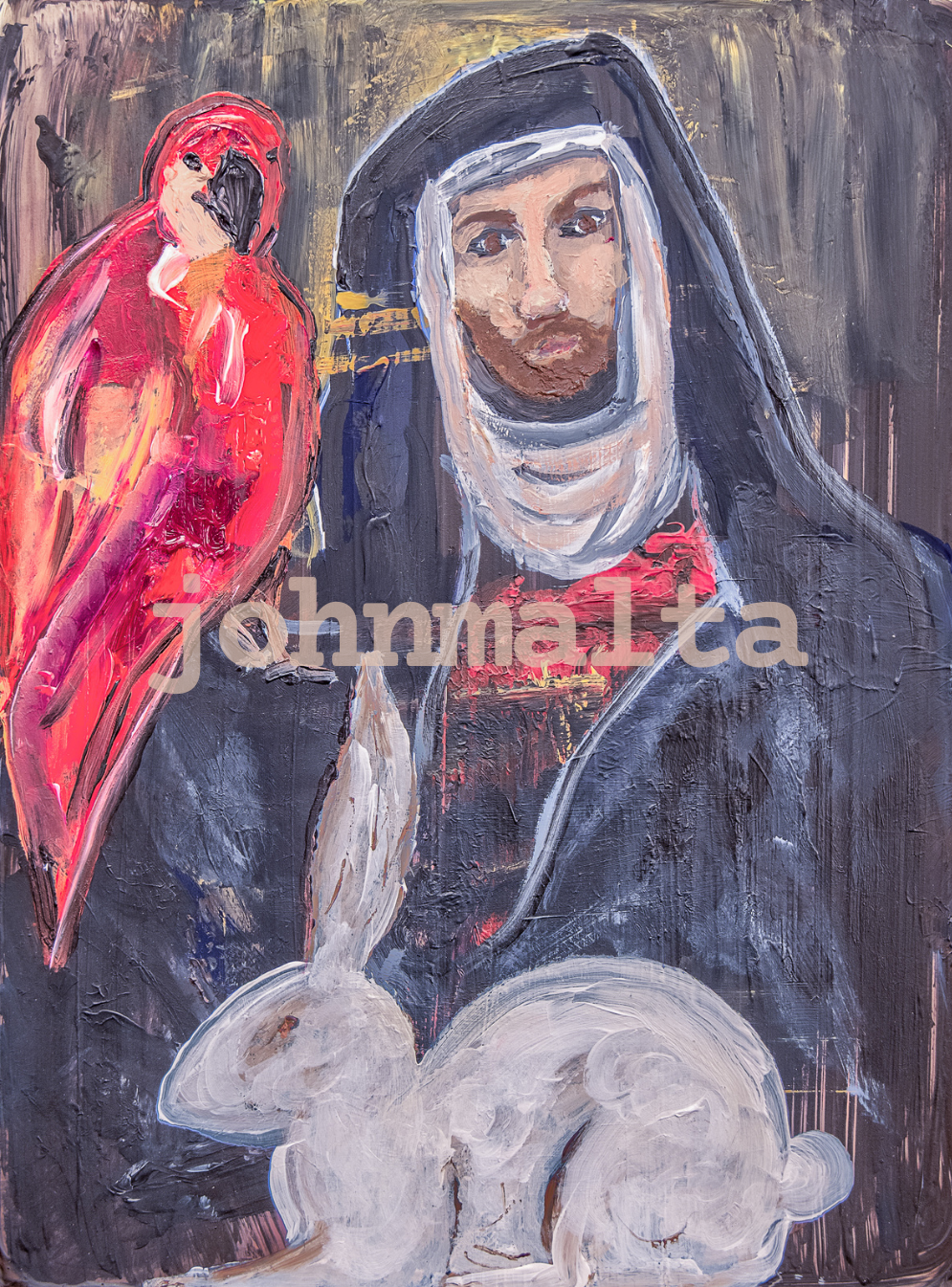 saint, bird, and rabbit: 15x19 acrylic on canvas