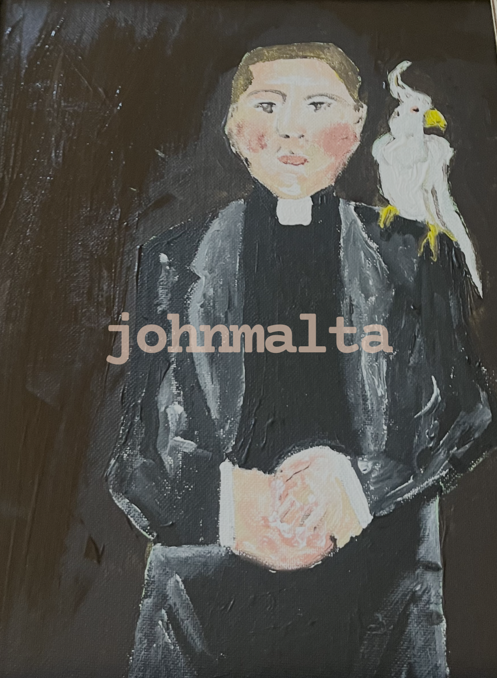 priest and cockatoo: 24x30 acrylic on canvas - sold 