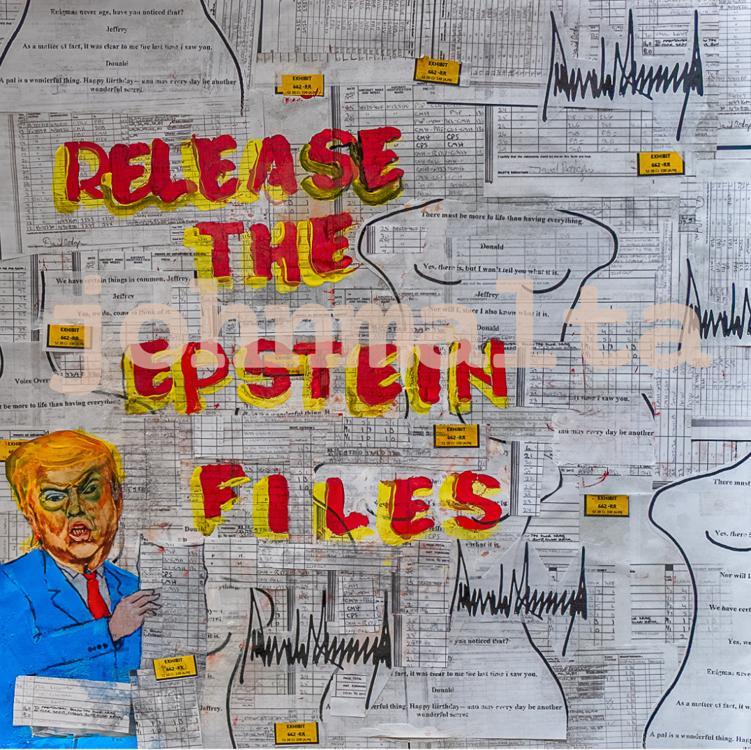 release the epstein files: 23x23 mixed media on wood