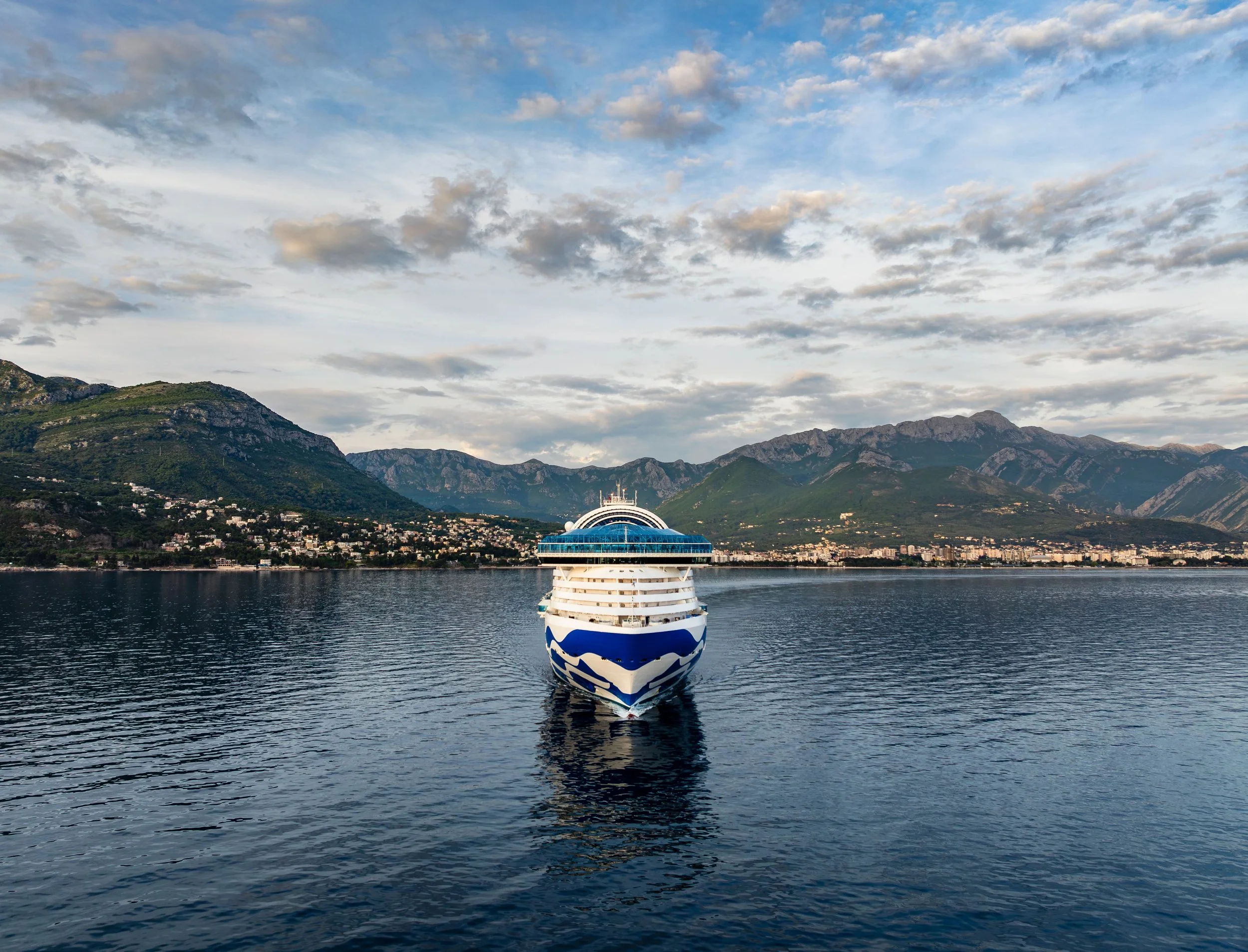 The Star Princess ship floating on water with a mountainous landscape and cloudy sky in the background. Representing international travel and professional development at sea.
