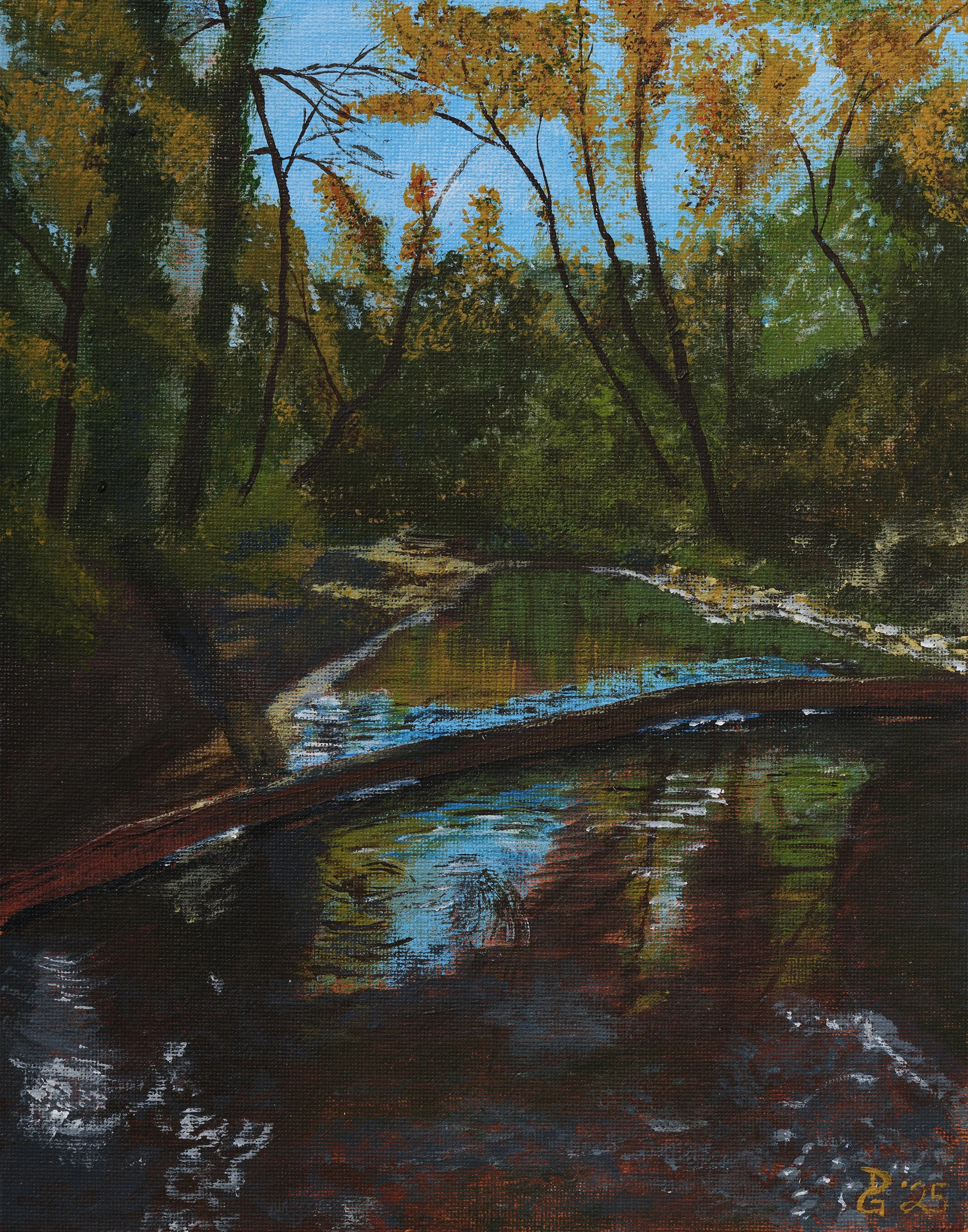 Landscape painting of a river flowing through a wooded area with trees showing fall colors and reflections in the water.