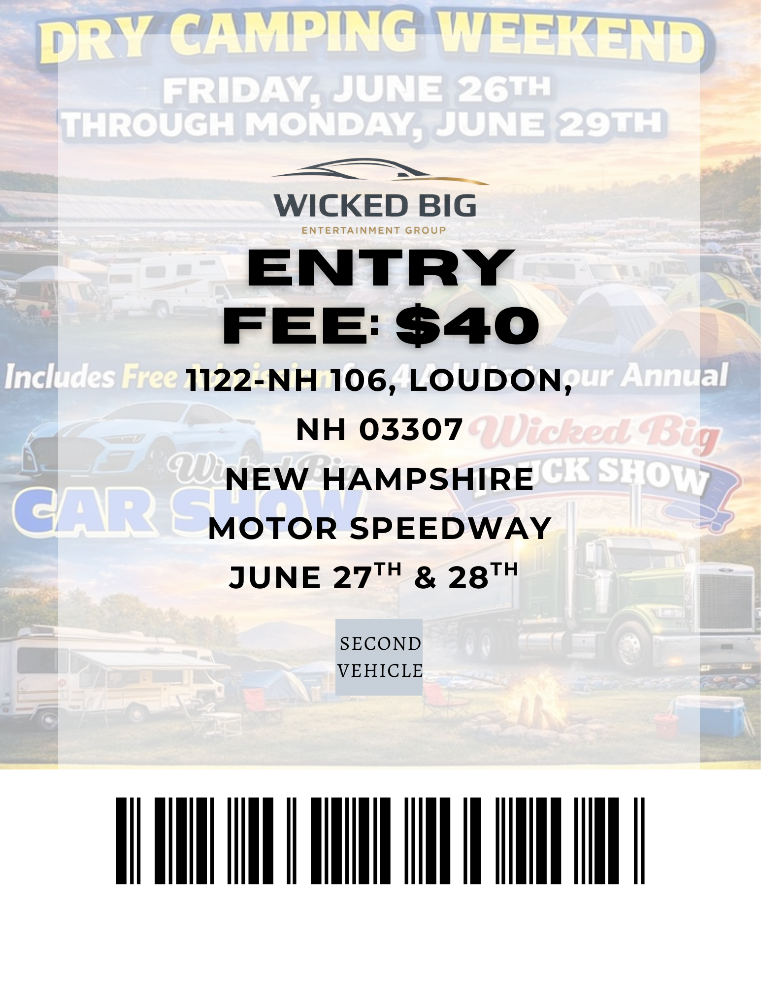 Second Vehicle Weekend Pass for On Site Camping