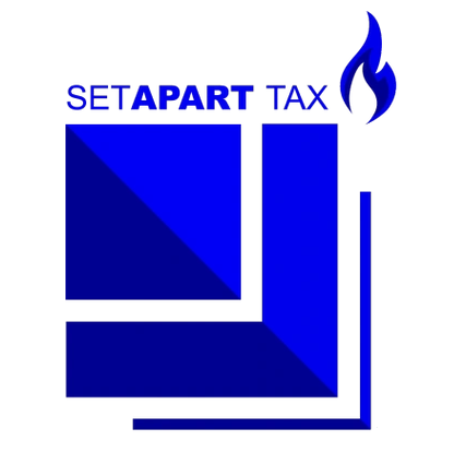 Logo with blue geometric shapes, the words 'Set Apart Tax' in blue and black, and a blue flame icon.