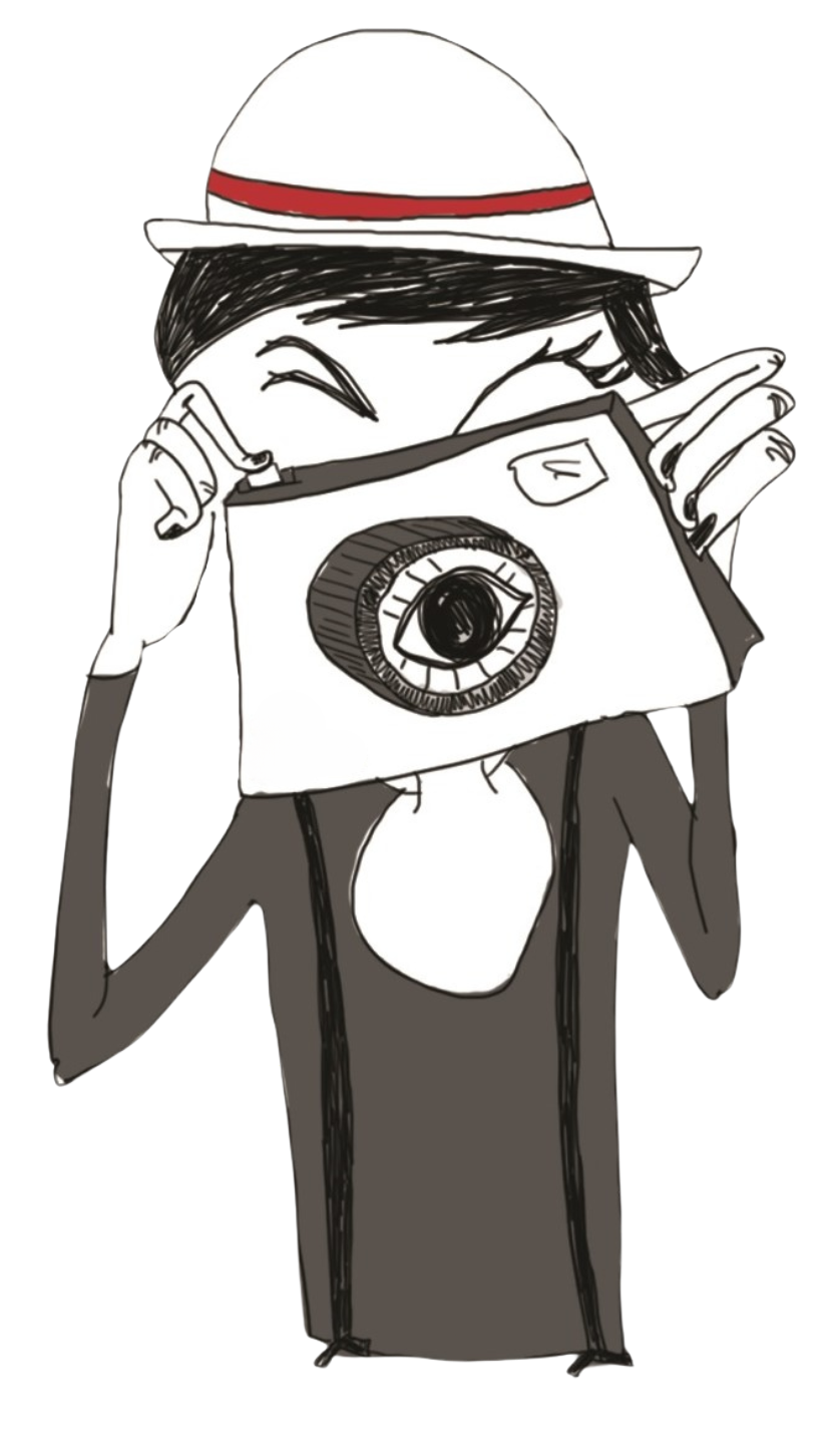 A black and white cartoon drawing of Elena, wearing a hat with a red stripe, taking a photo with a camera.