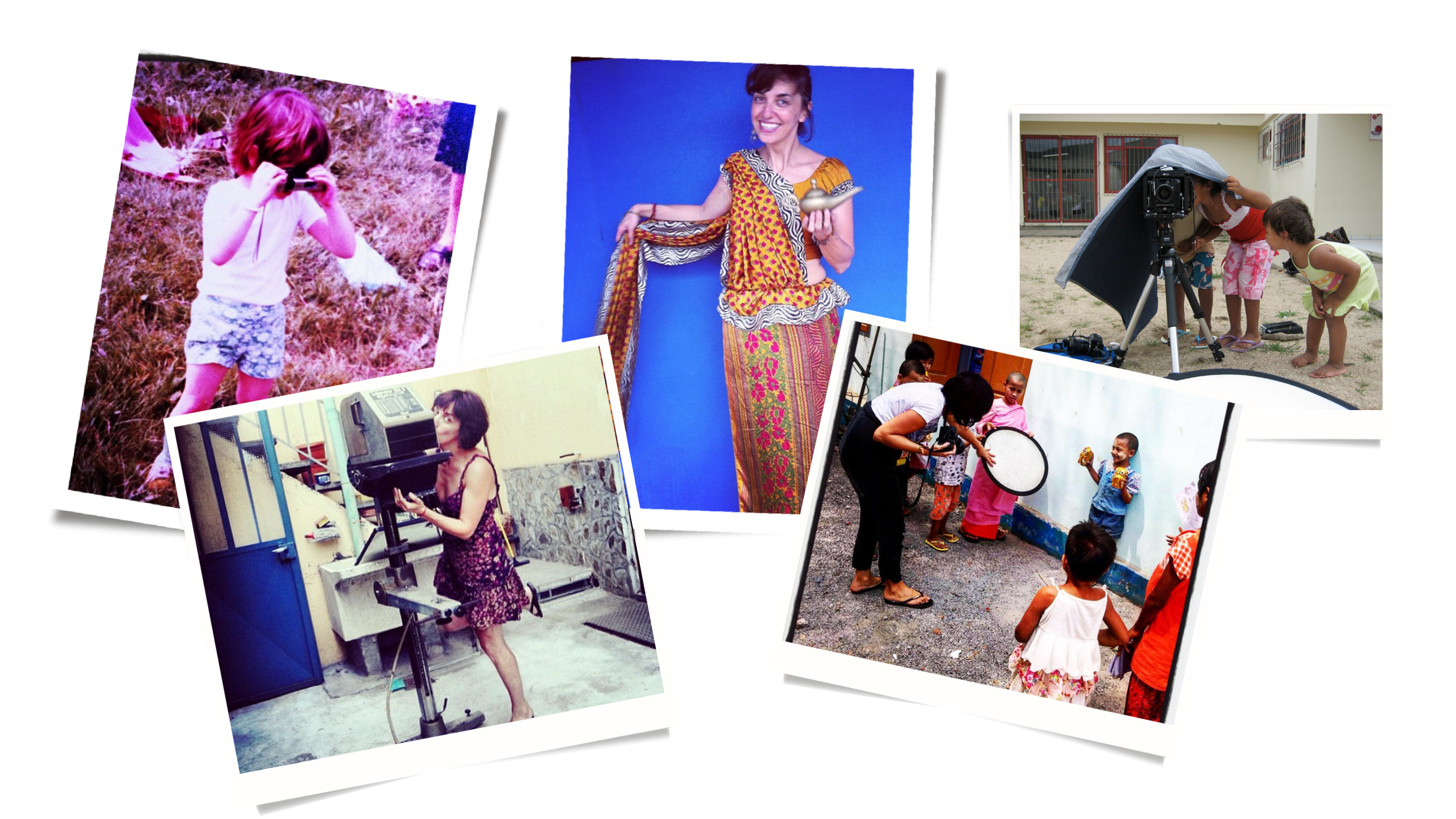 Collage of photos showing children and adults engaging in photography and filming activities, including kids with cameras and a woman directing a photo shoot.