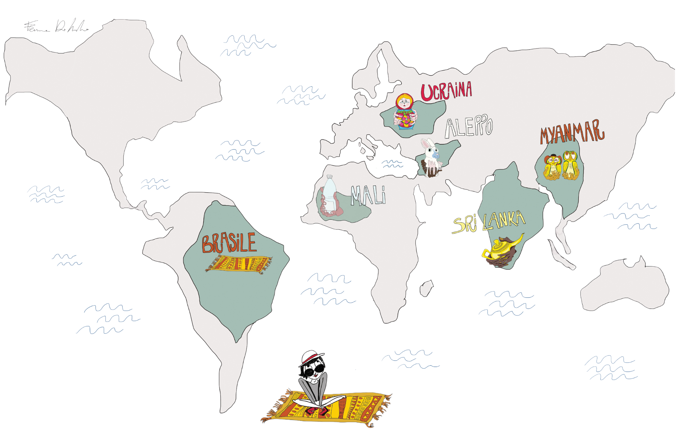 A world map with illustrations representing each country: Brazil with a colorful blanket, Ukraine with a person holding flowers, Myanmar with two Buddhist monks, Sri Lanka with a traditional pot, Mali with a water bottle, and Albino with a rabbit, among others. The map features hand-drawn style with waves indicating water and a person relaxing on a carpet in Africa.