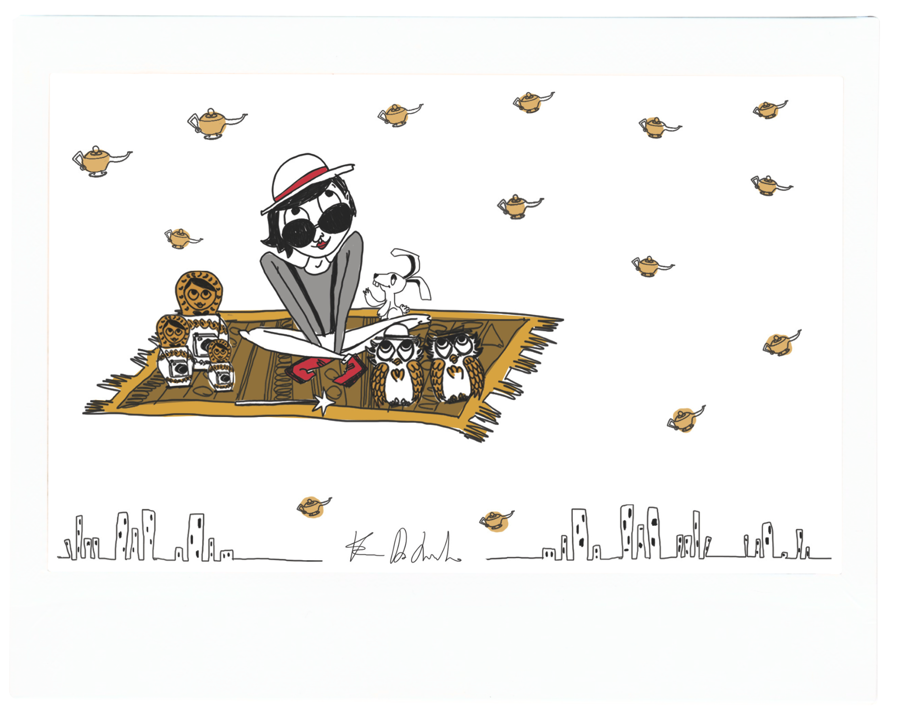 A cartoon woman with sunglasses, a hat, and red shoes sitting on a rug with three owls, two with glasses and one with a scarf, along with a dog and a city skyline in the background. Multiple teapots are flying in the sky.