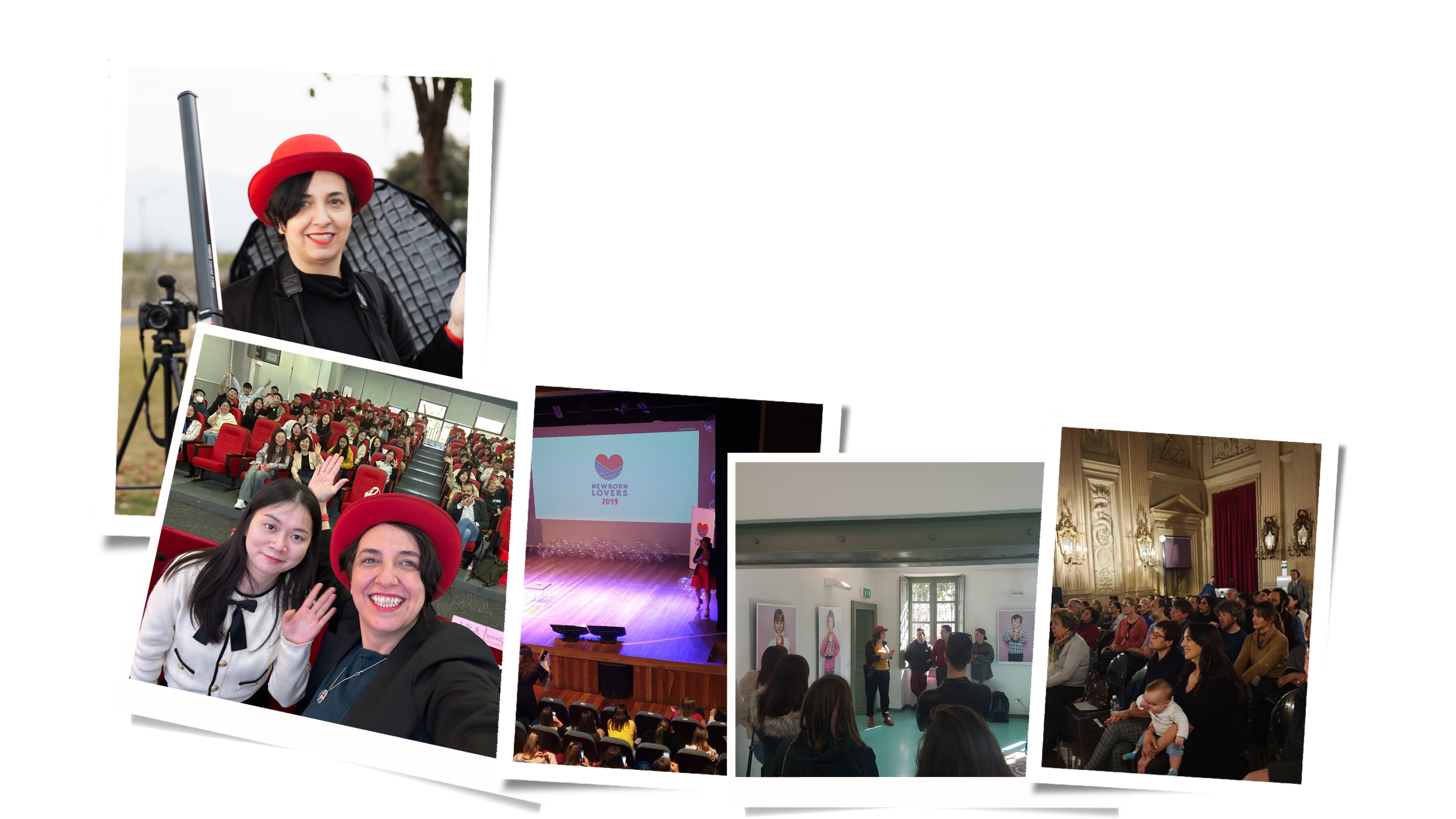 Collage of photos from conference and event, including a woman with a red hat at an indoor event, an audience in a theater, a stage presentation, and people in a gallery or museum setting.