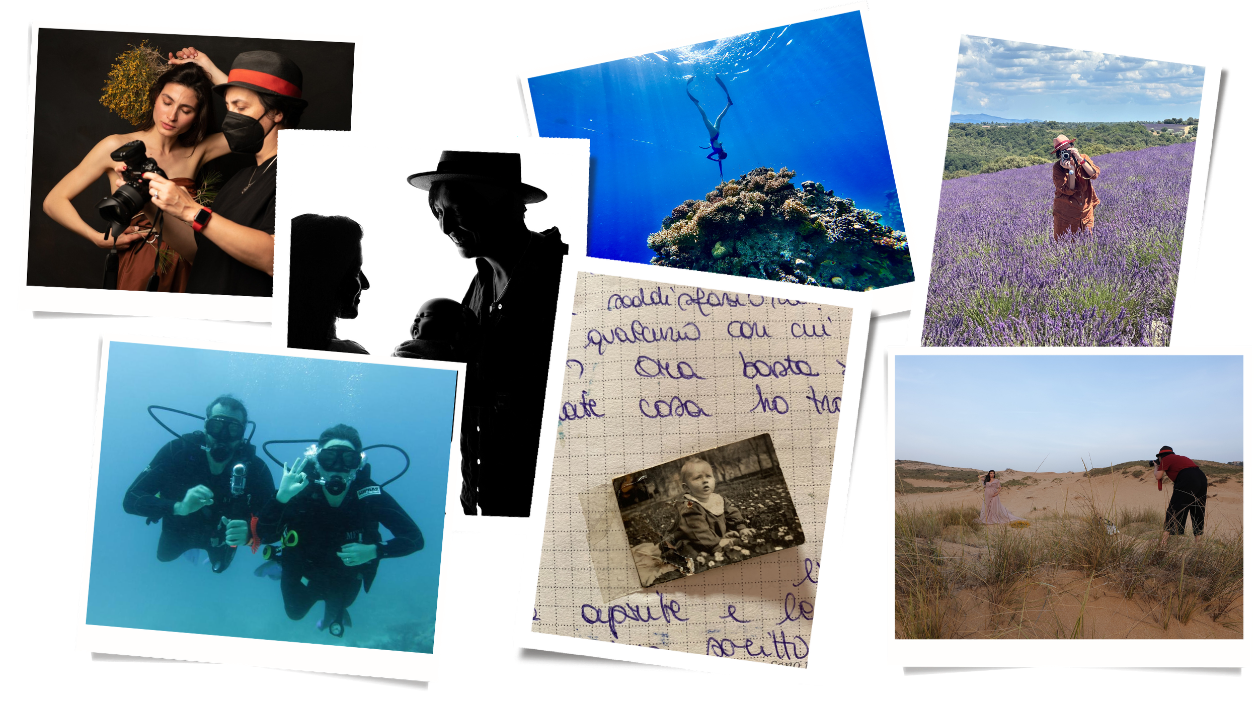 Collection of various photos including a couple examining a camera, a black and white silhouette of a person holding a baby, two scuba divers underwater, a woman taking a photo in a lavender field, a person in a pink dress in a desert landscape, and a scuba diver under the ocean.