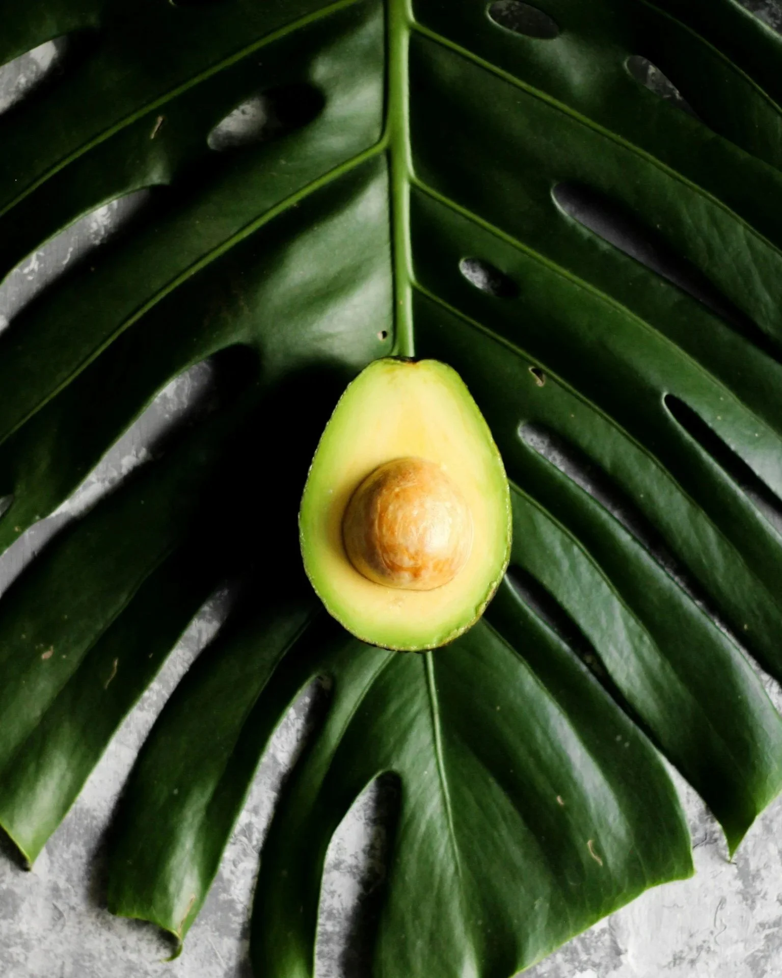Half an avocado with a seed on a large green leaf.