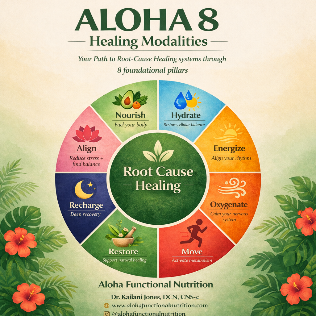 A circular infographic titled 'ALOHA Healing Modalities' featuring 8 foundational pillars for root-cause healing, including Nourish, Hydrate, Energize, Oxygenate, Move, Restore, Recharge, and Align, surrounded by tropical plants and hibiscus flowers.