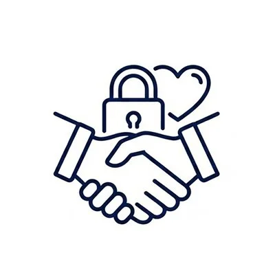A simple line drawing of two hands shaking with a heart and a padlock above them, symbolizing trust and security in a relationship.