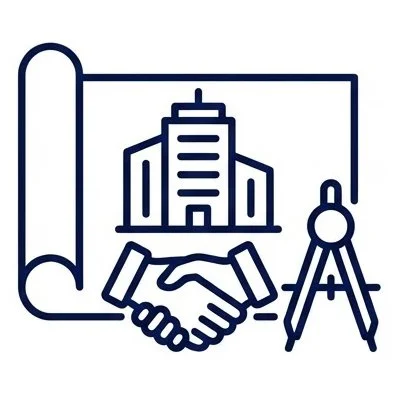 Line drawing of a handshake in front of a building blueprint, with a compass on the right side.