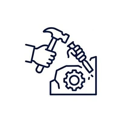 Icon of a hand holding a hammer and another hand holding a chisel working on a gear.