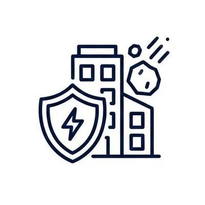 Line drawing of a building with a shield and lightning bolt symbol, surrounded by abstract shapes.