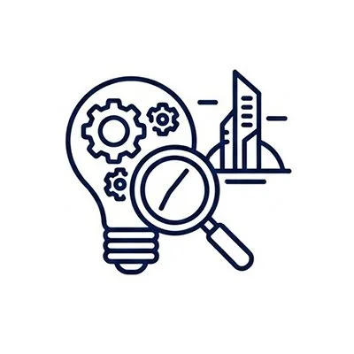 Lightbulb with gears inside, magnifying glass, and skyscraper, symbolizing innovation, research, and business growth.