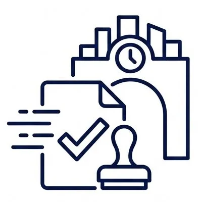 A digital illustration of a city skyline with a clock, a currency symbol, a checkmark, and a stamp, representing approval or validation in an urban or financial context.