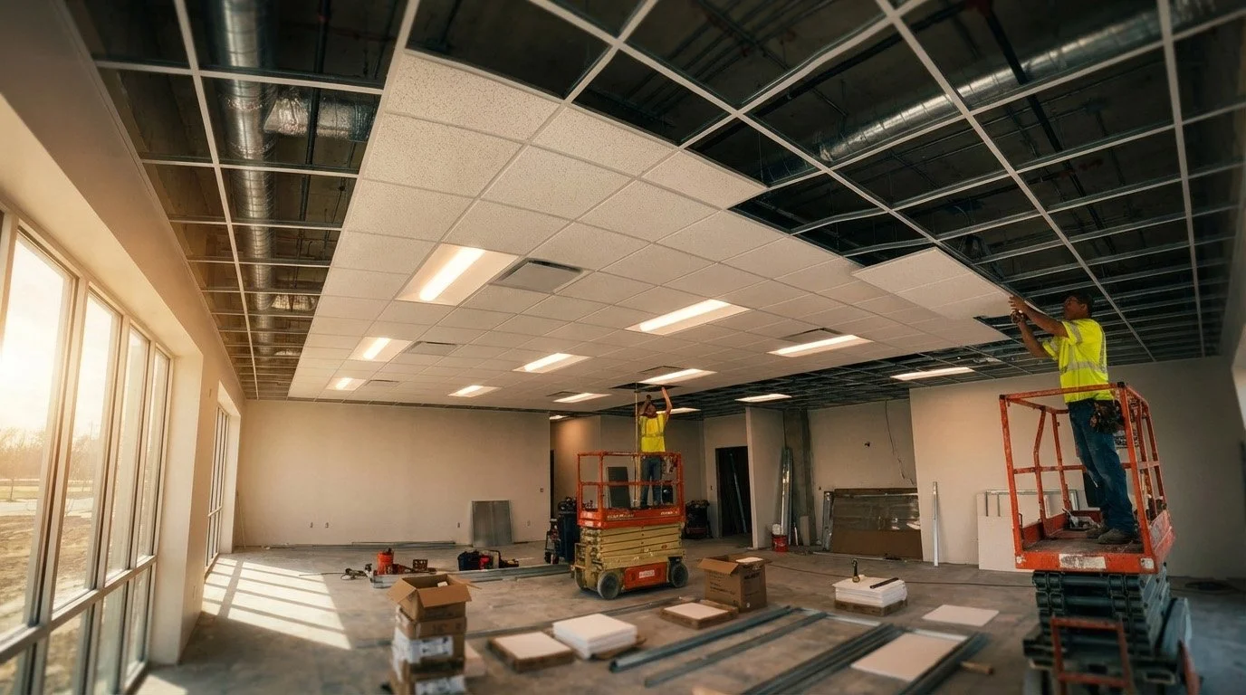 Construction workers installing ceiling panels with scaffolding inside a large room with floor-to-ceiling windows and construction materials scattered on the floor.