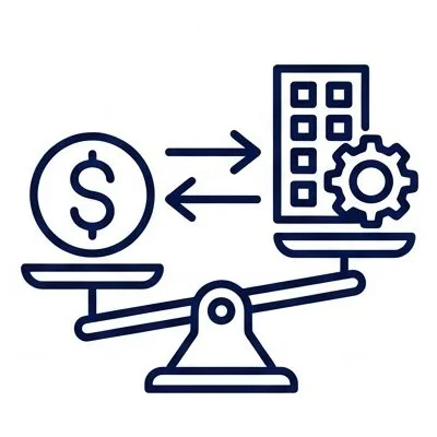 Icon of a dollar sign and a smartphone on a balance scale, indicating financial technology or digital financial transactions.