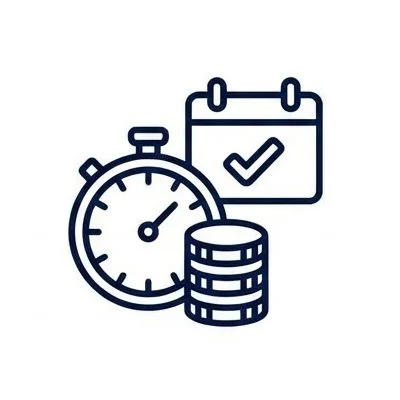 A stopwatch, a calendar with a checkmark, and a stack of coins, representing time and money management or financial planning.