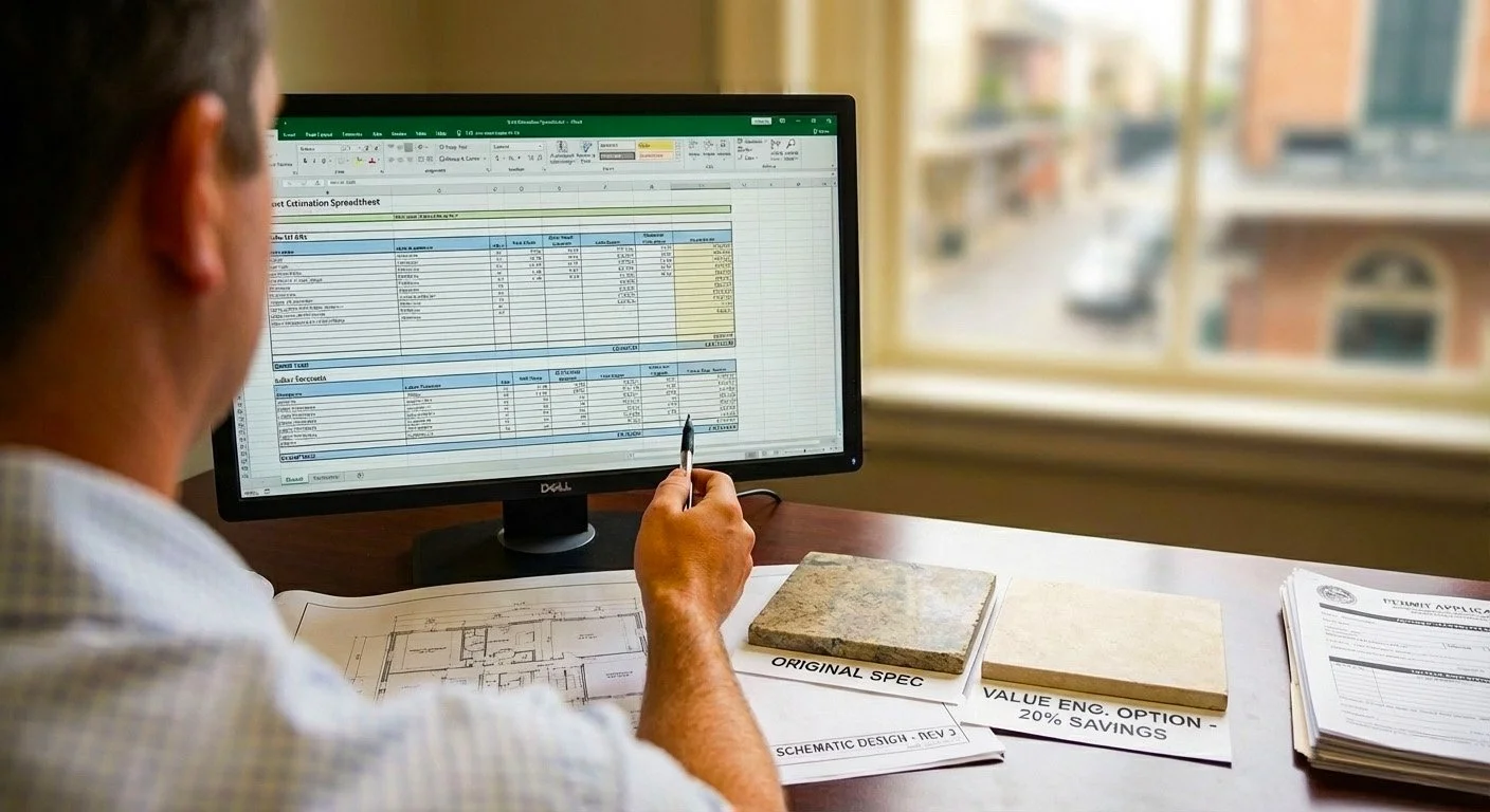 Man working at desk with computer displaying spreadsheet, architectural plans, and samples of tiles or flooring materials.
