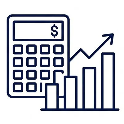 Calculator with dollar sign and upward trending bar chart showing growth