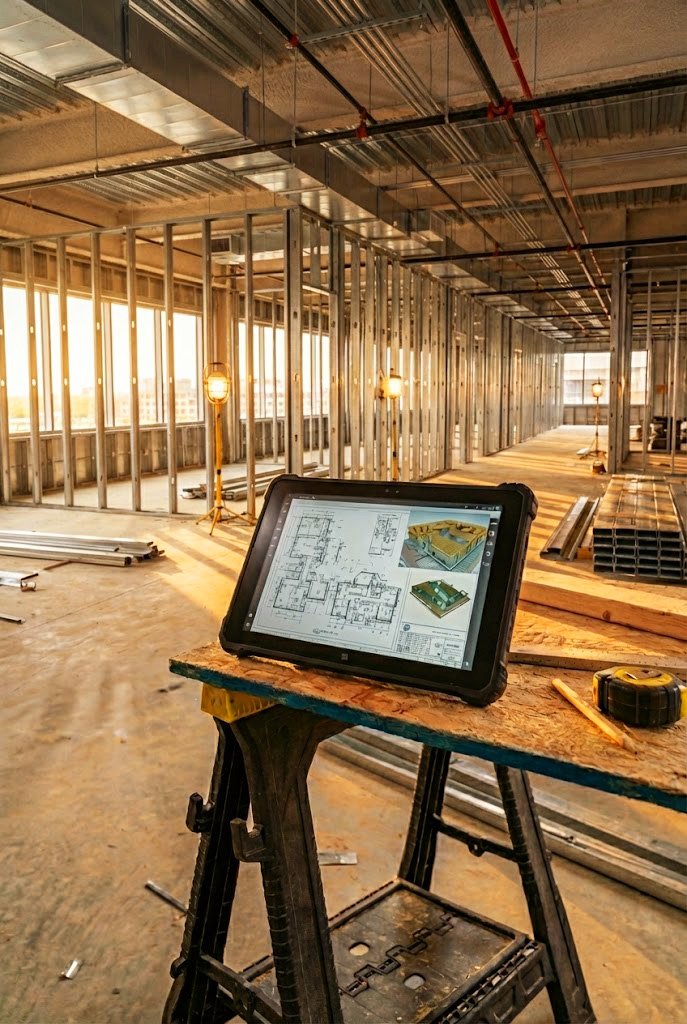 Construction site with metal framing, large windows, and construction plans on a tablet on a work table.