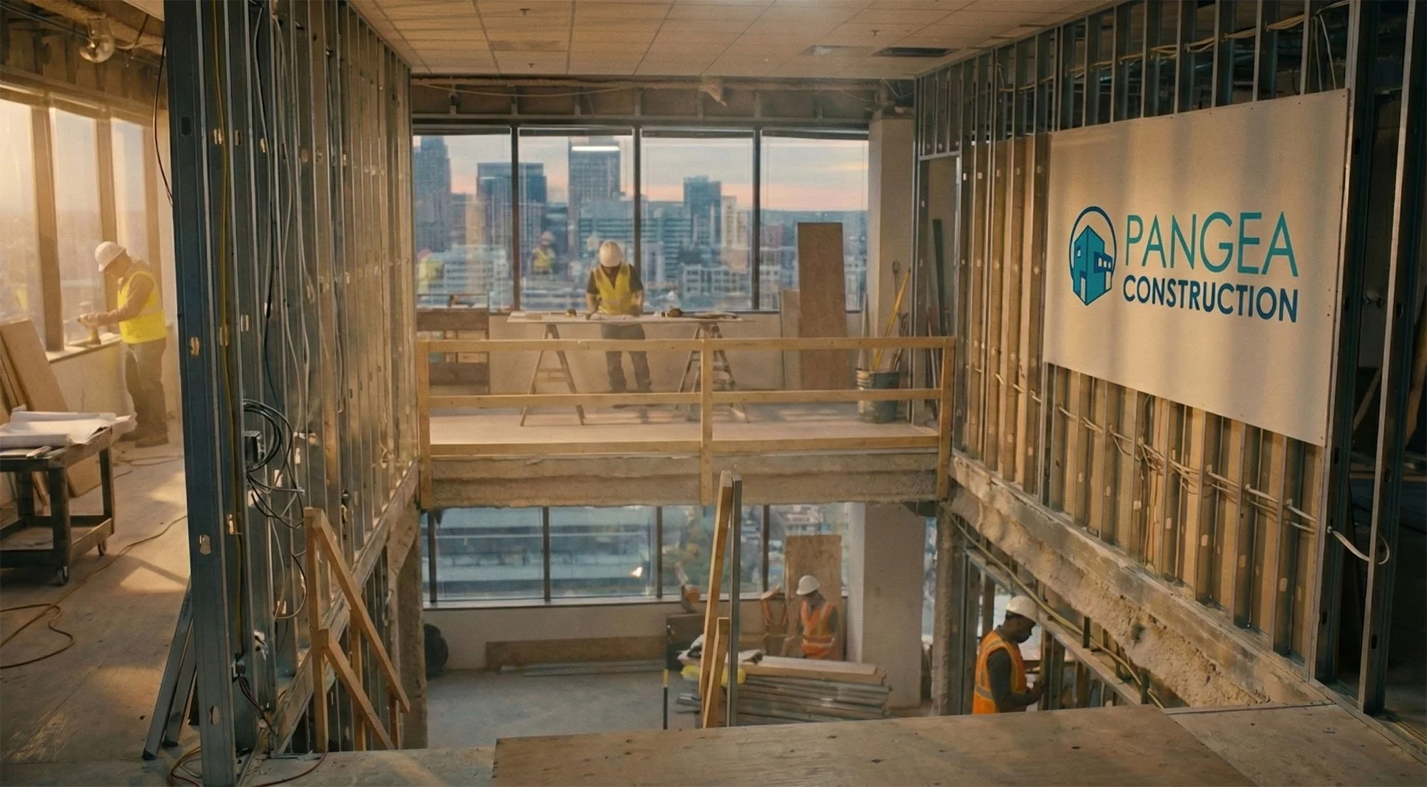 Interior of a high-rise building under construction with workers wearing safety vests and helmets, and the city skyline visible through large windows.