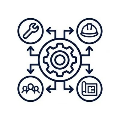 A gear icon in the center connected to five circular icons representing tools, a hard hat, a blueprint, and a group of people, illustrating concepts related to maintenance, safety, planning, and teamwork.
