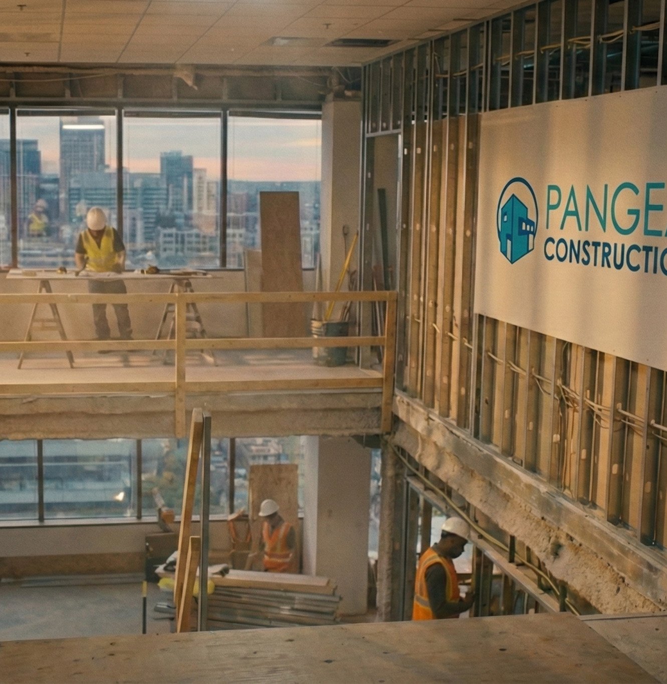 Interior of a building under construction with workers wearing safety vests and helmets, and a large sign that reads 'PANGE CONSTRUCTION' on the wall.