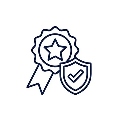 Icon of a ribbon award with a star in the center and a shield with a checkmark, indicating certification or quality assurance.