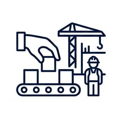 Simple line drawing of a construction site with a crane, a worker wearing a helmet, a hand holding a brick, and a conveyor belt.