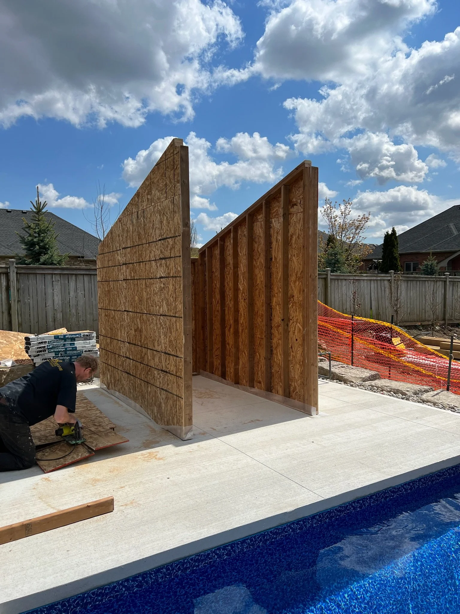 Construction underway for pool shed in Kilworth, revealing framework and progress by Burcon Construction.