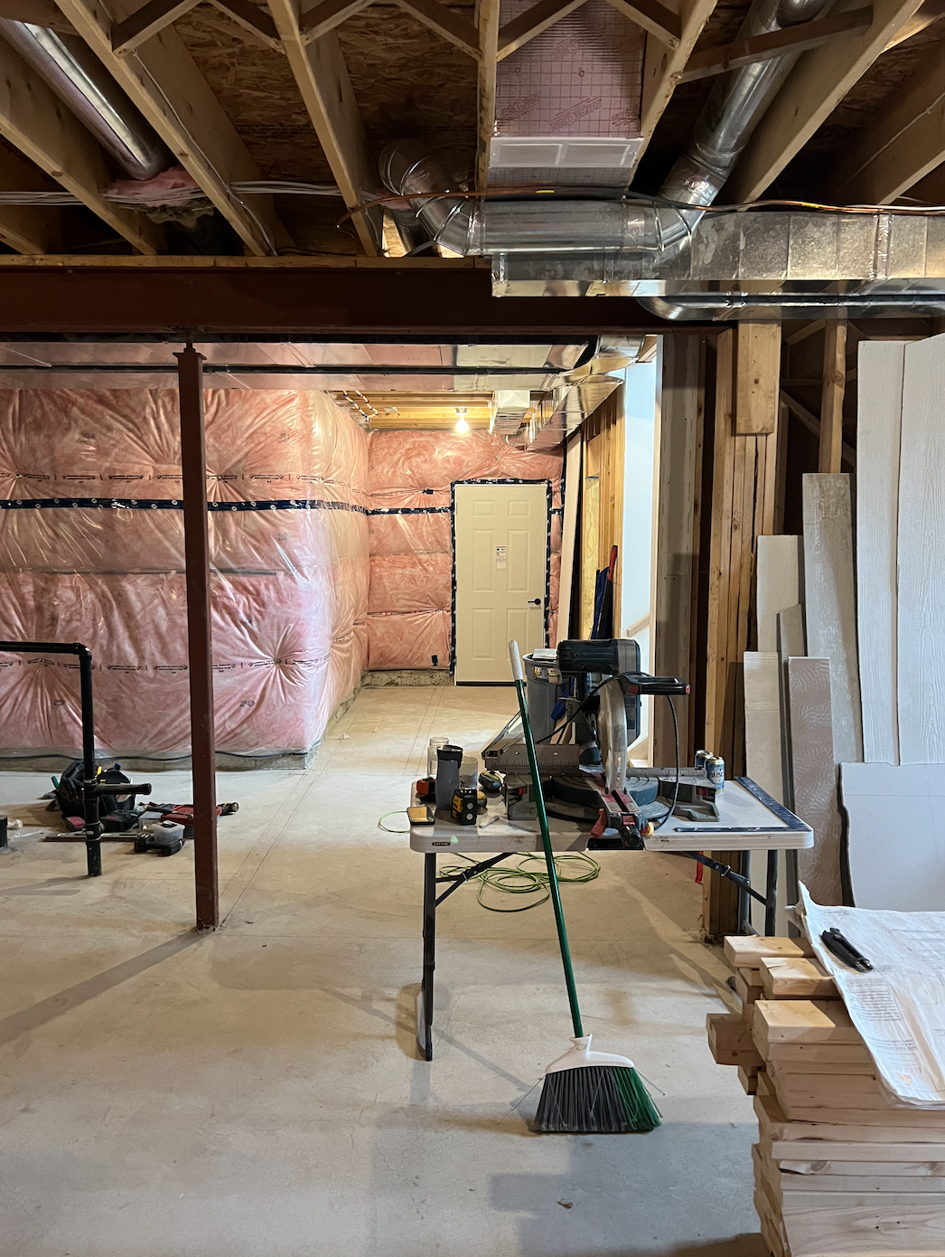 Before picture of unfinished basement in Komoka prior to renovation by Burcon Construction, illustrating the area designated for the hallway.