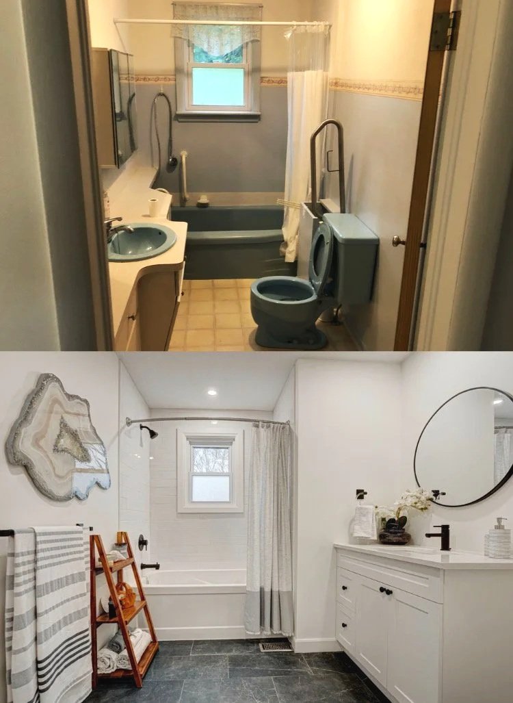 A bathroom before renovation featuring a small bathtub with a shower curtain, a toilet, a sink with a curved vanity, a small window with lace curtains, and beige tiled flooring. An accessible grab bar is installed near the bathtub.