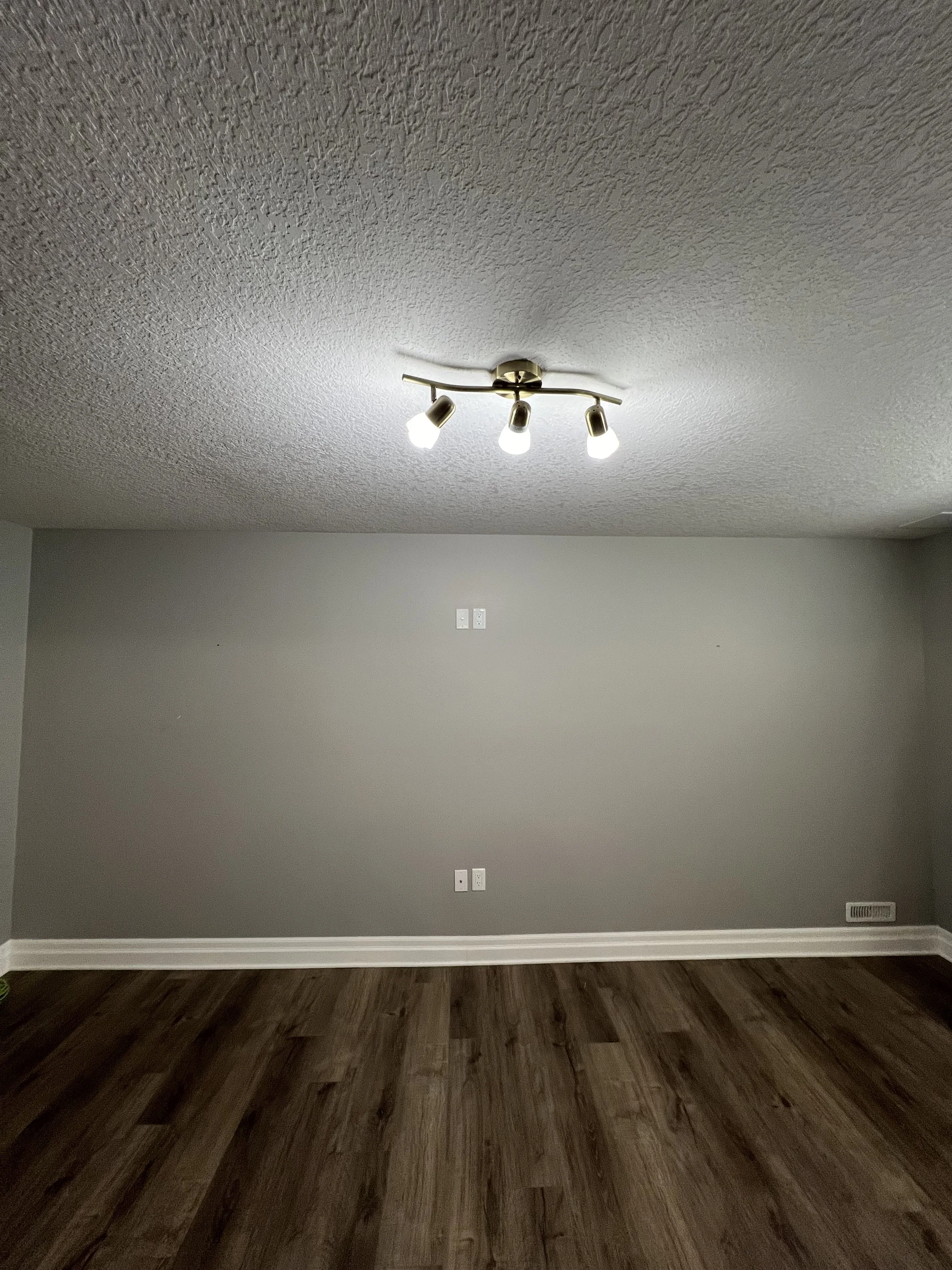 Empty basement with hardwood flooring, beige walls, ceiling-mounted light fixture with four bulbs, and white baseboards.