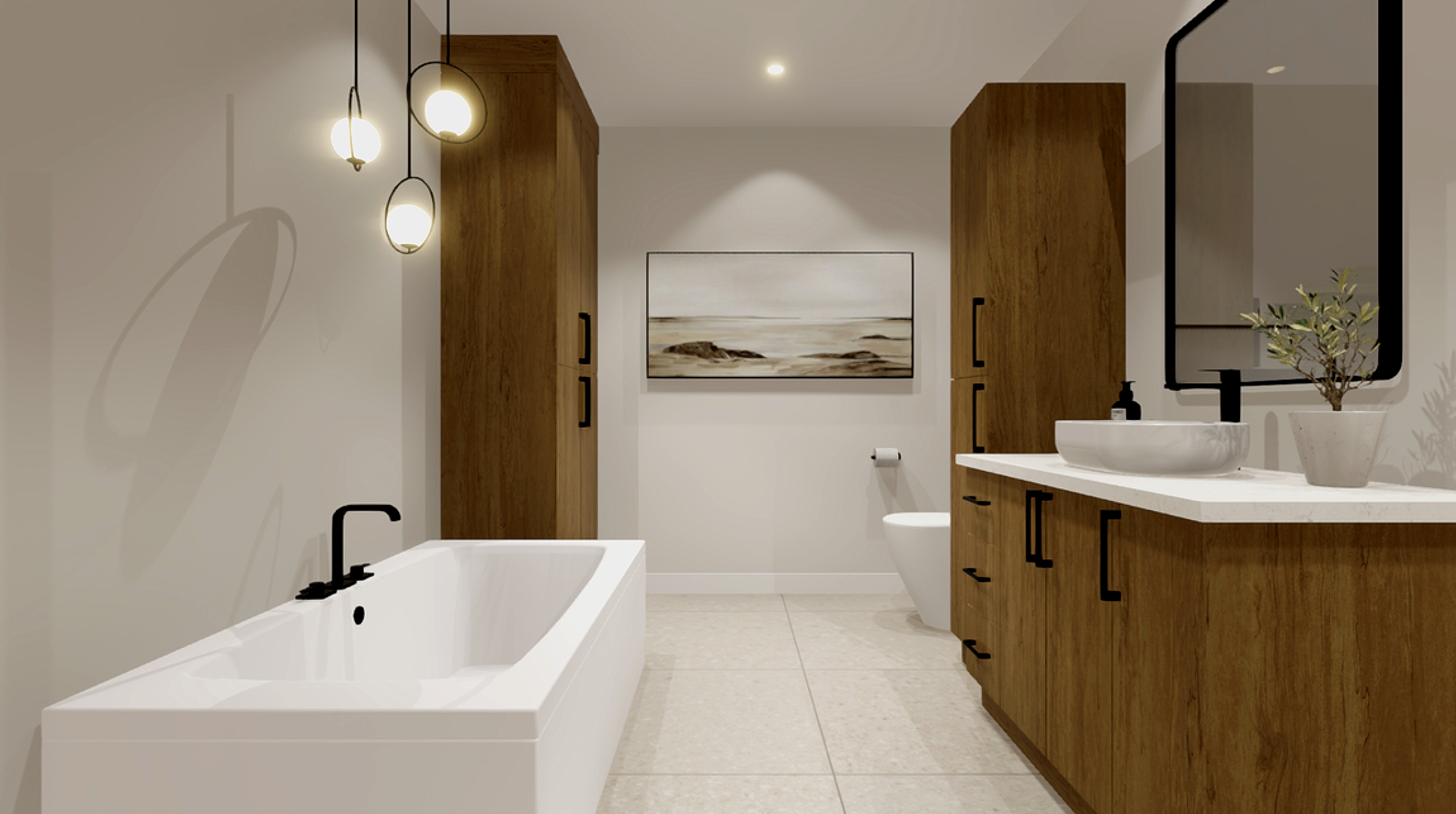 une salle de bain moderne avec une baignoire blanche, des armoires en bois, un lavabo avec miroir noir et un cadre, une plante en pot, et une œuvre d'art représentant la mer en arrière-plan