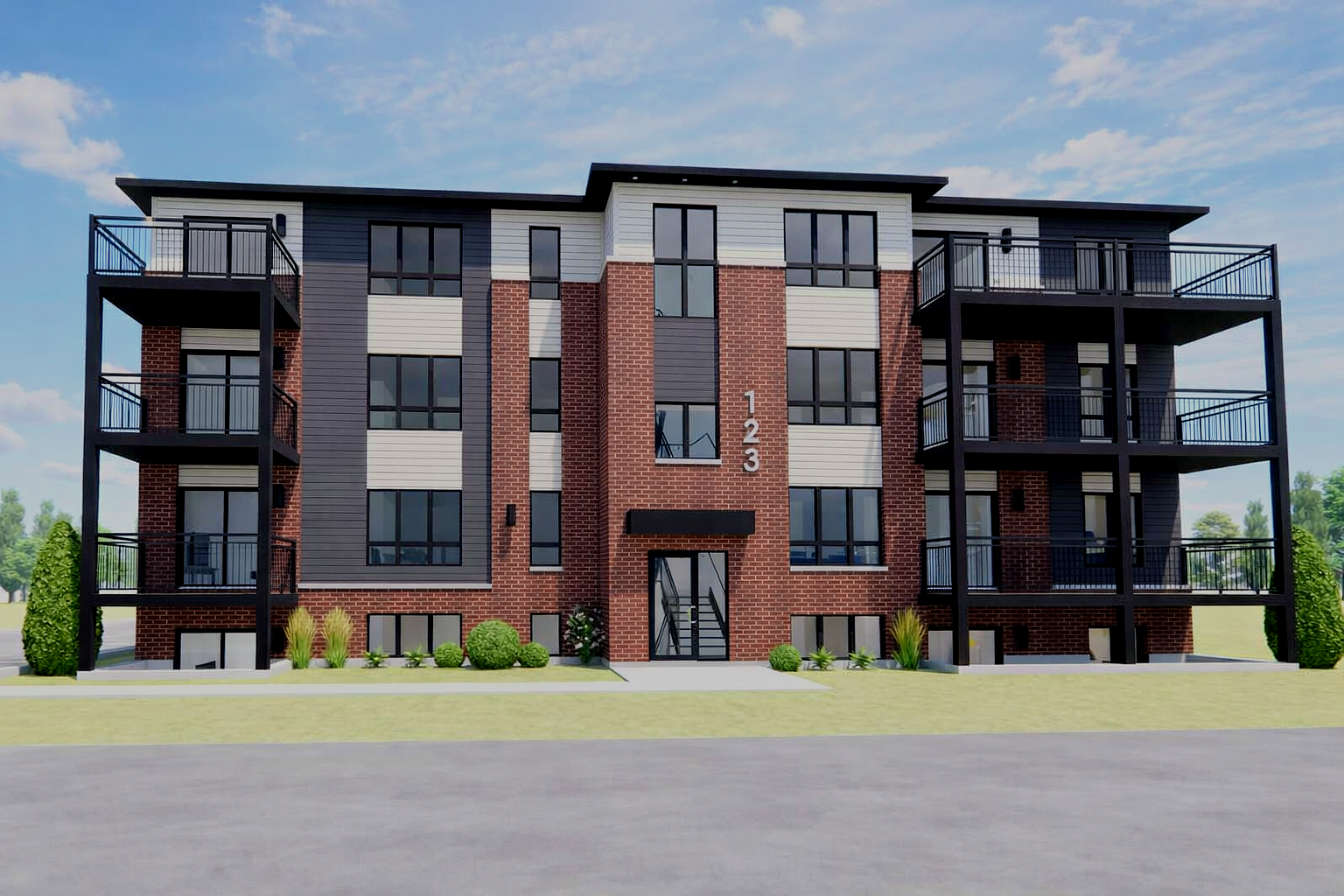 Immeuble résidentiel moderne de trois étages avec façade en briques rouges, fenêtres en noir, et balcons en métal noir sur les côtés. Numéros 1, 2, 3 affichés verticalement devant l'entrée principale. Jardinières avec arbustes et herbes en bas, à l'avant, sous un ciel bleu avec peu de nuages.