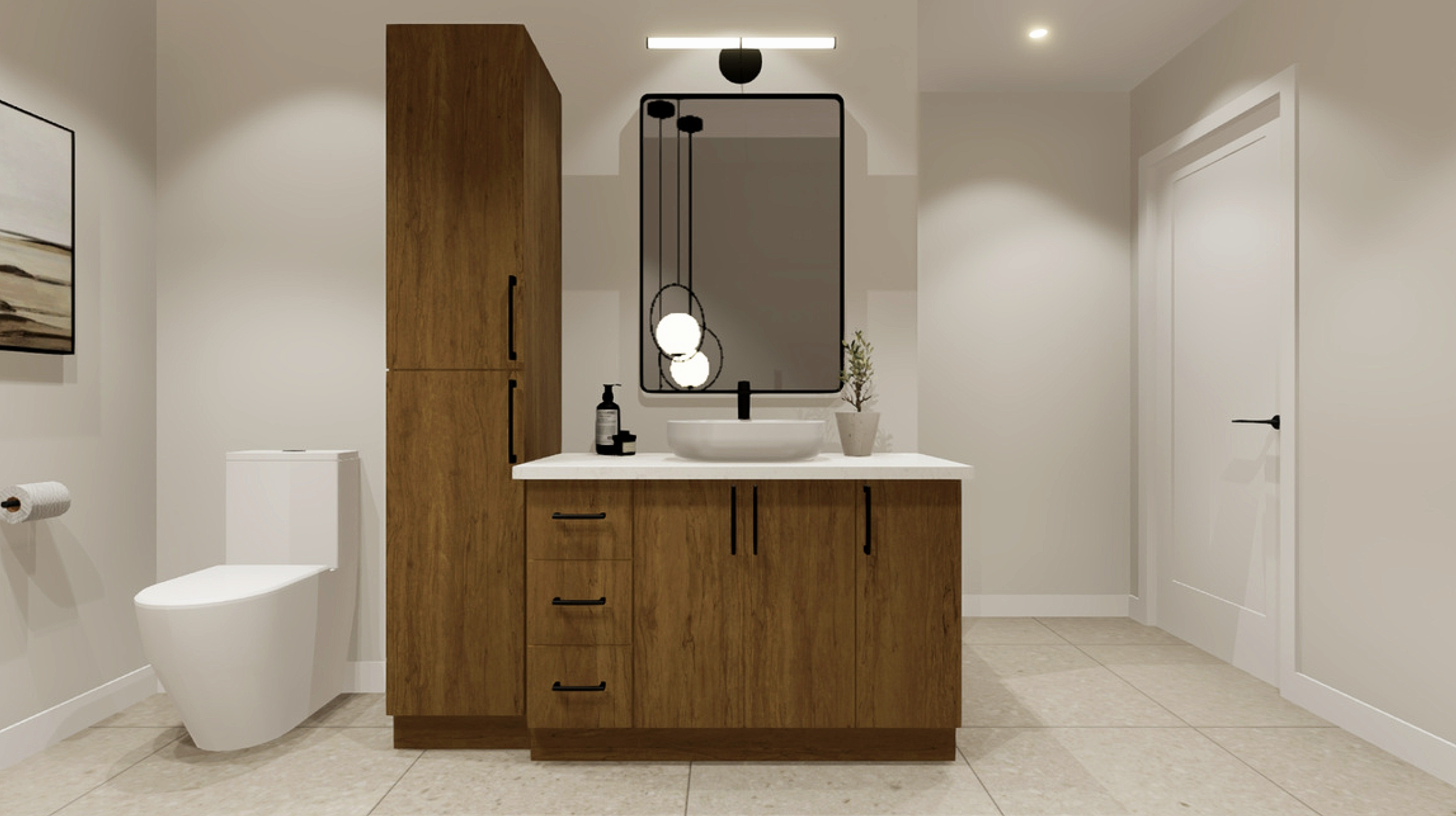 Salle de bain moderne avec un meuble en bois, un miroir, un lavabo blanc, un distributeur de savon, une plante en pot, des lumières suspendues, et des toilettes blanche.