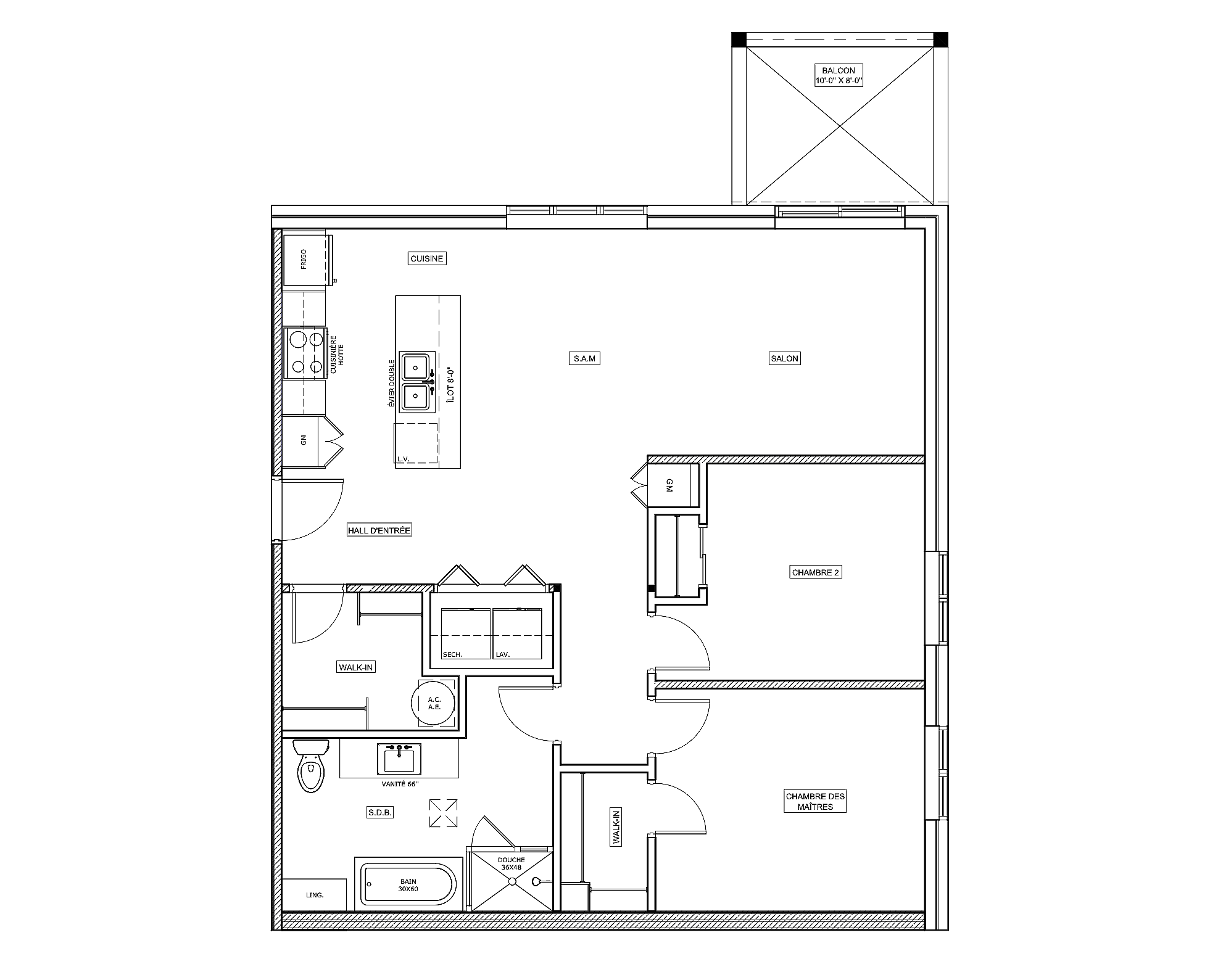 Plan d'étage d'une maison avec différentes pièces étiquetées, y compris cuisine, salon, chambres, salle de bain, balcon et autres espaces de vie.